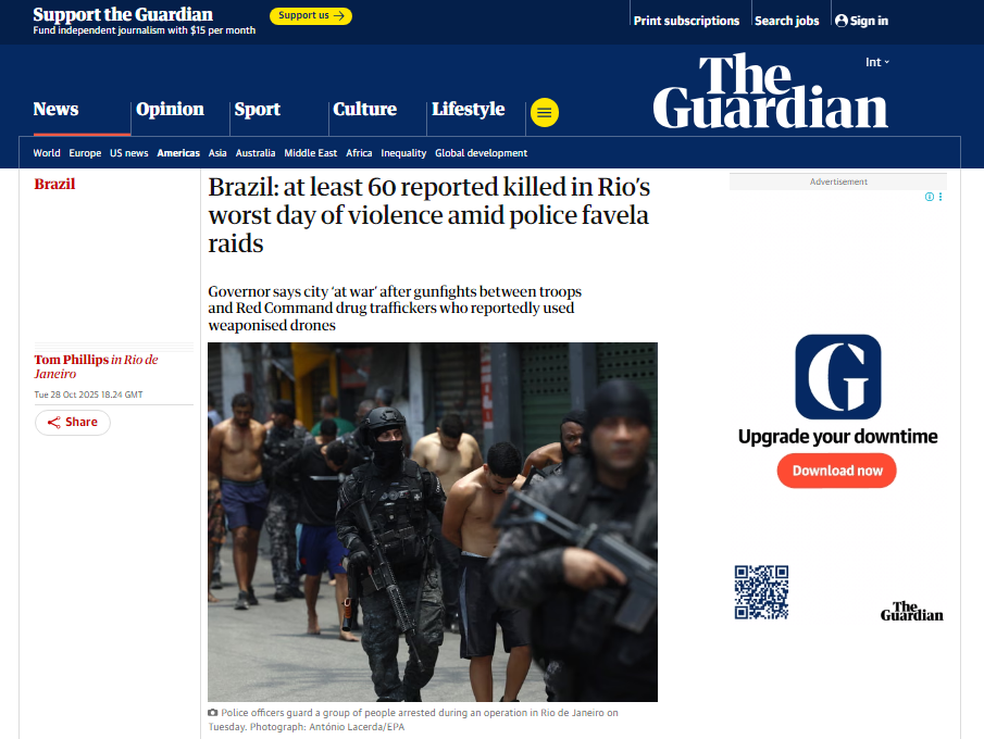 Leia mais sobre o artigo Imprensa internacional repercute megaoperação no RJ: “Cenas de guerra”